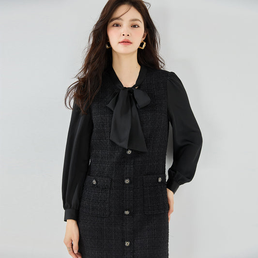 Tweed Long Sleeve Black Waist Dress