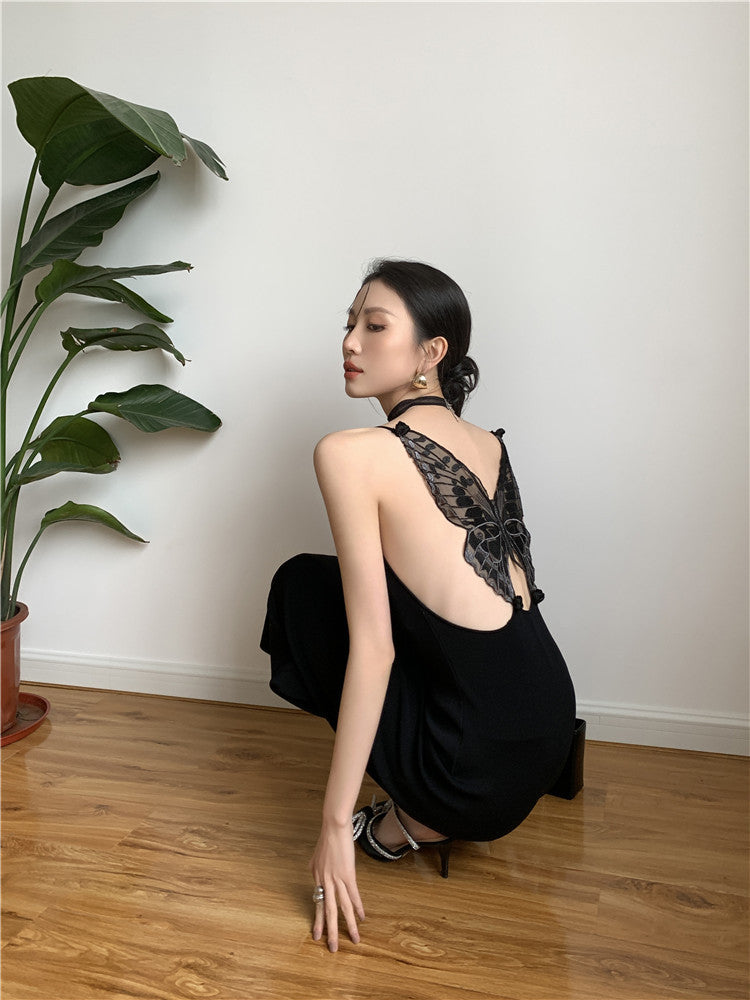 Back Embroidered Butterfly Flower Knitted Elegant Black Dress