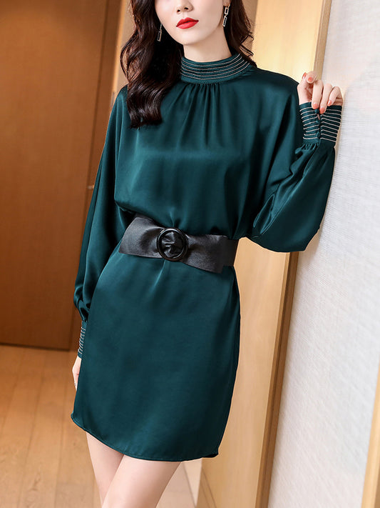 Acetate Dress Female Spring Fashion High-end Satin Small Mid-length Dress Dress One-step Dress