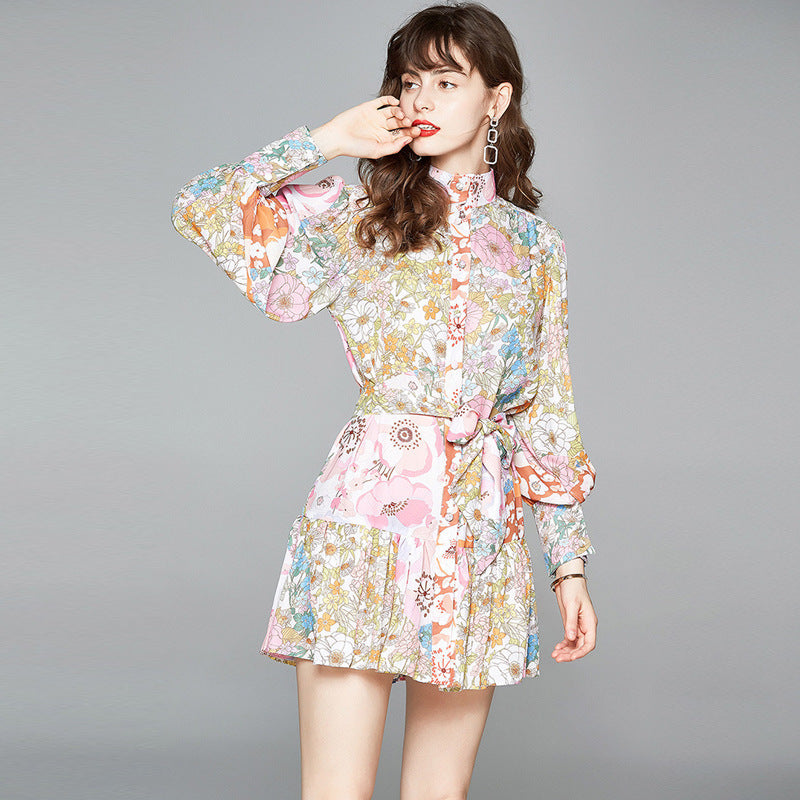 Lantern sleeve floral waist ruffle dress