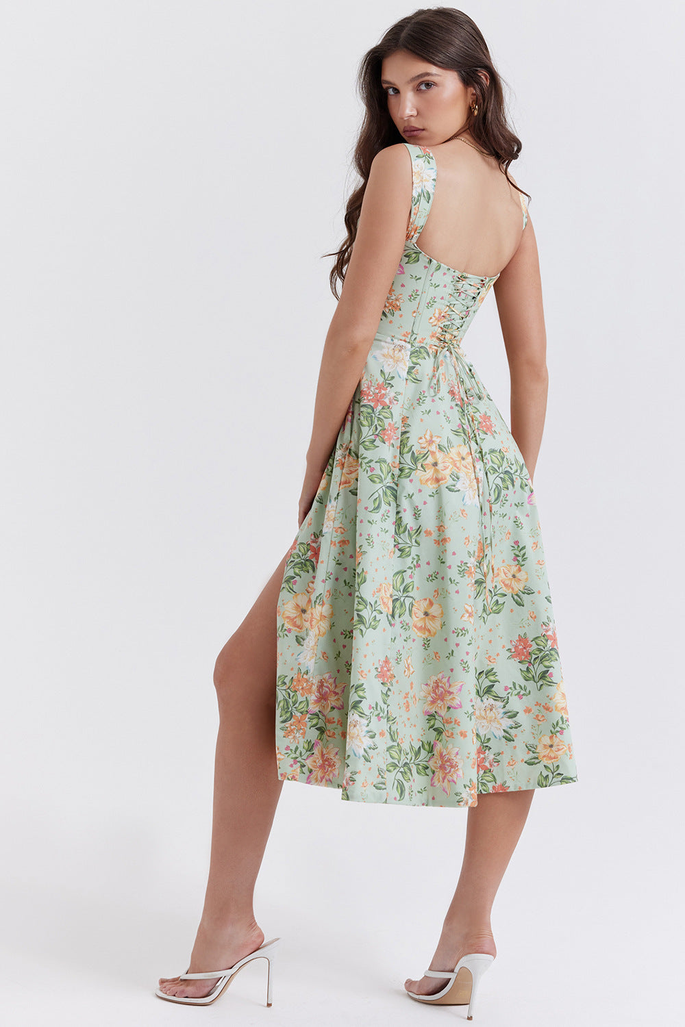 Robe florale fendue à bretelles sexy et amincissante contrôlée par la taille