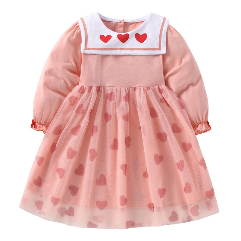 Autumn New European And American Style Children's Clothing Cute Heart Printing Mesh Princess Dress