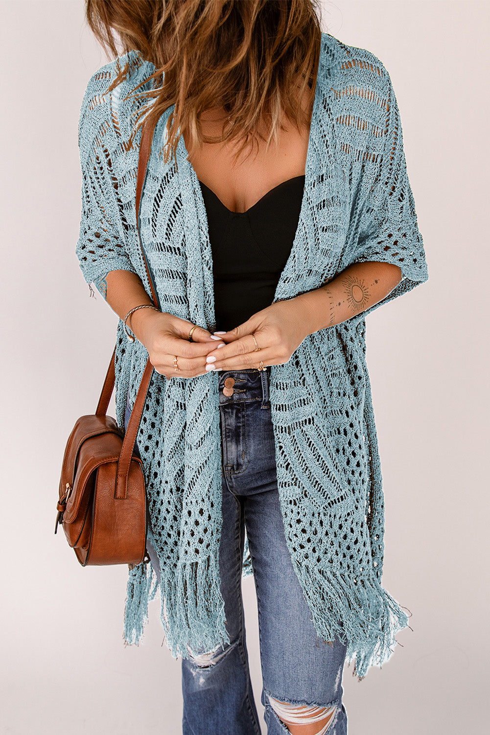 Openwork Open Front Cardigan with Fringes