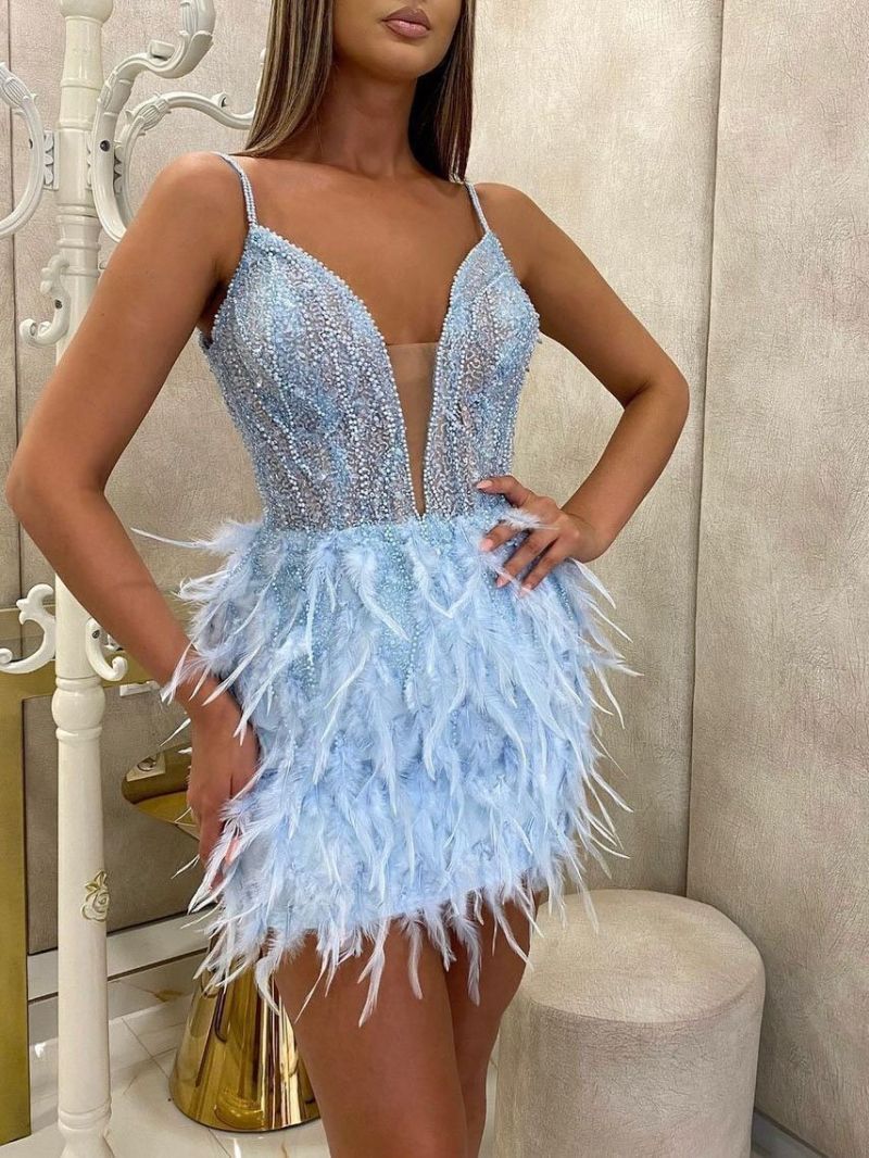 Vestido corto de plumas Vestido de noche para banquete para mujer