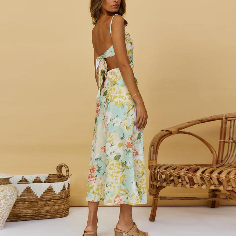 Vestido con abertura floral y tirantes temperamento para mujer