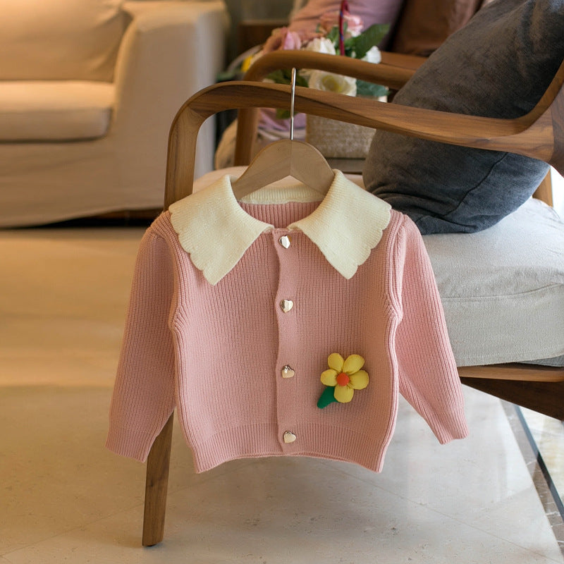 Girls' Lapel Flower Cardigan Sweater