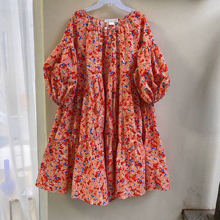 Loose Floral Pleated Balloon Sleeve Dress