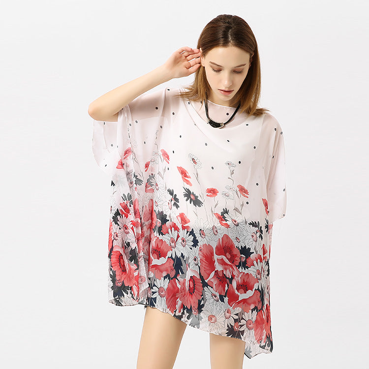 Chiffon Shirt Thin Type Sunscreen All Match Loose Printed Floral Tassel Beachwear Beach Cover Up Pullover