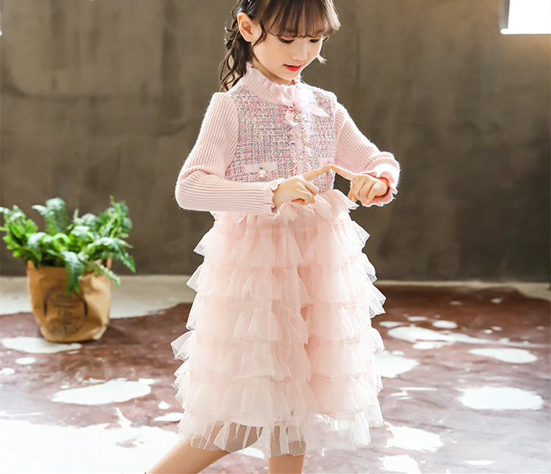 Girls Sweater Stitching Knitted Woolen Skirt