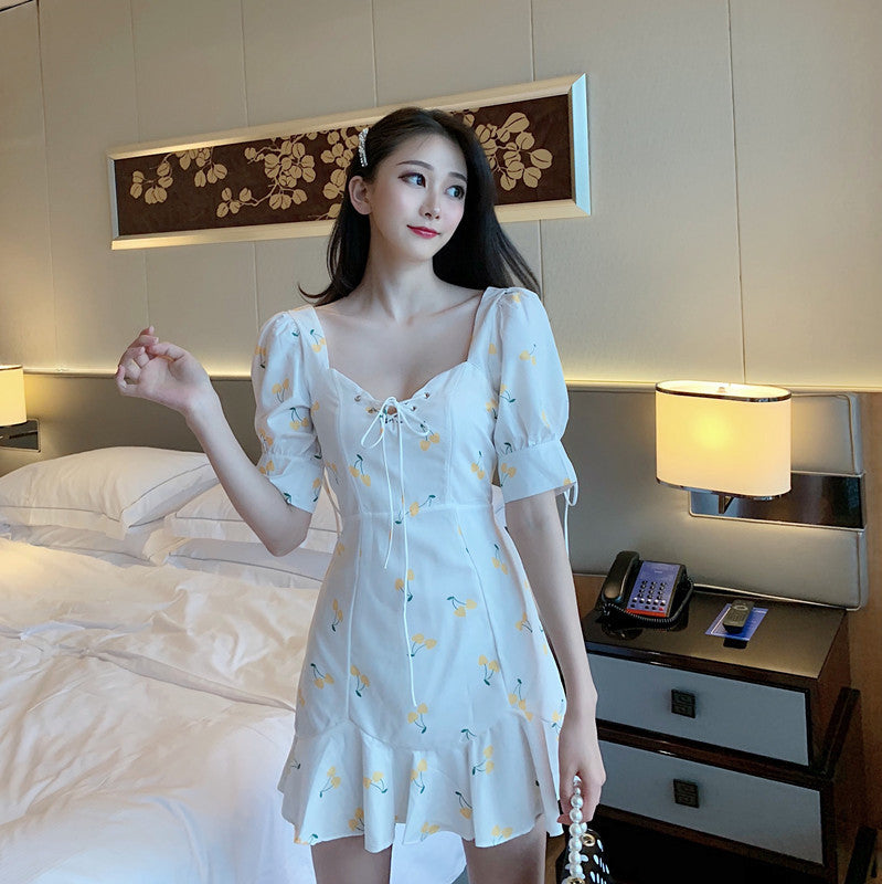 Waist slimming chiffon floral cherry dress