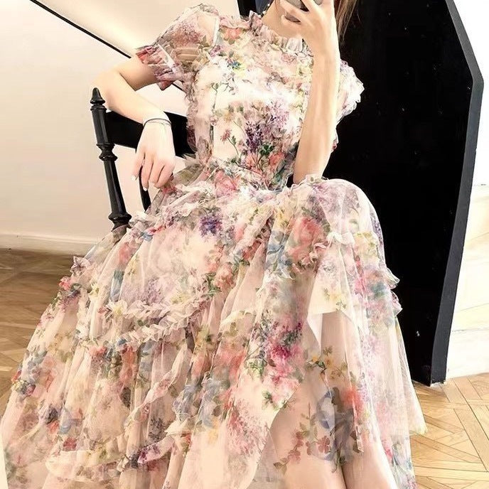 Robe florale française à taille contrôlée pour femmes