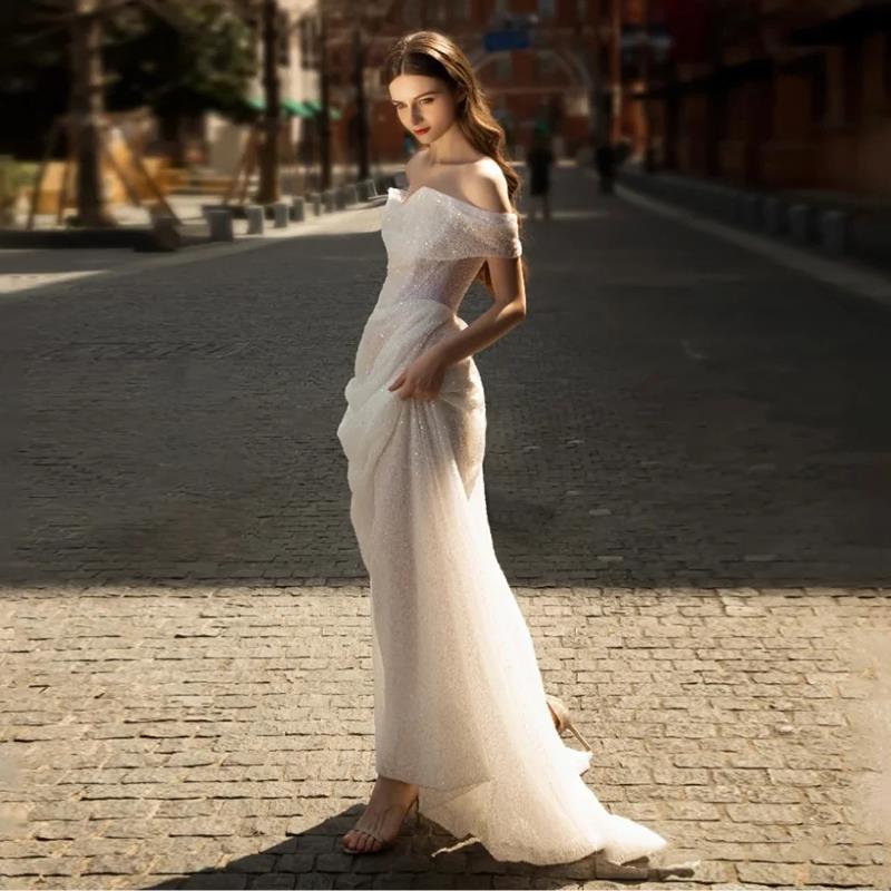 Bridal Hepburn Style Wedding Veil Trailing Off-shoulder Evening Dress