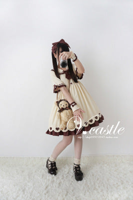 Caramel Pudding Women's Cute Beige Lolita Dress Short Sleeve Heart Buttons Summer One Piece Color Beige