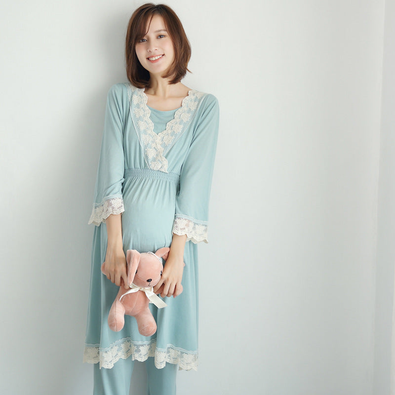 Printemps et automne nouvelle robe de maternité japonaise femmes enceintes vêtements d'allaitement mois vêtements post-partum service à domicile ensemble de pyjama en dentelle 