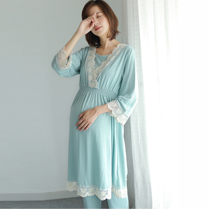 Printemps et automne nouvelle robe de maternité japonaise femmes enceintes vêtements d'allaitement mois vêtements post-partum service à domicile ensemble de pyjama en dentelle 