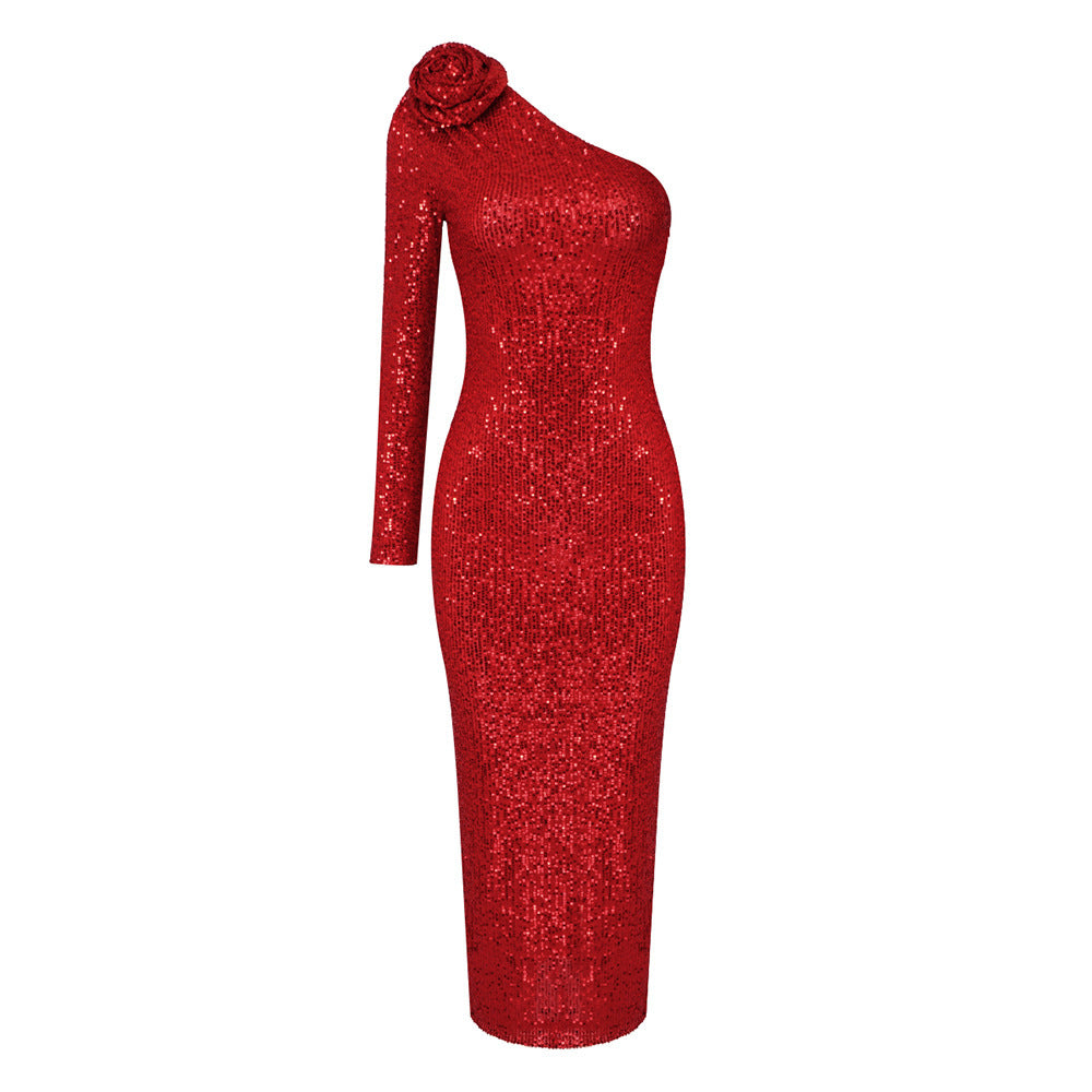 Robe élégante haut de gamme Rose rouge robe de soirée à paillettes femme nouvel an robe de bataille hôte