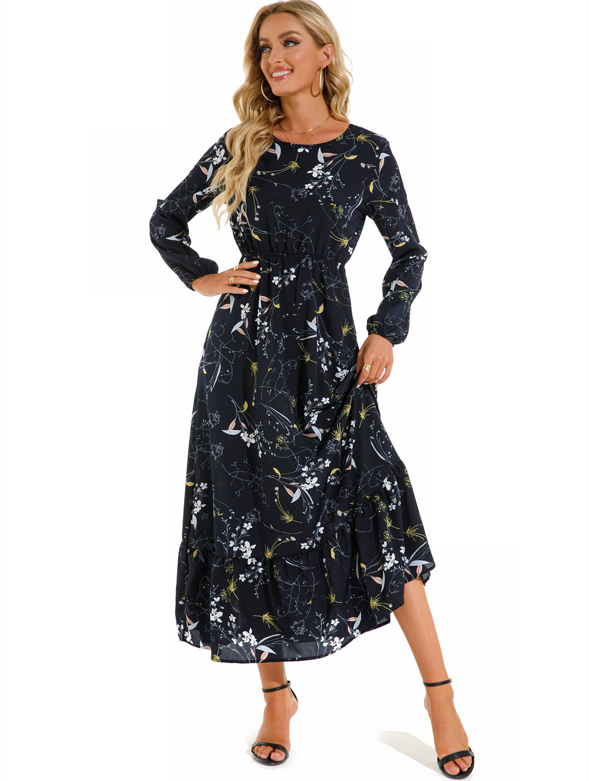 Robe florale à col rond gracieuse et à la mode pour femmes