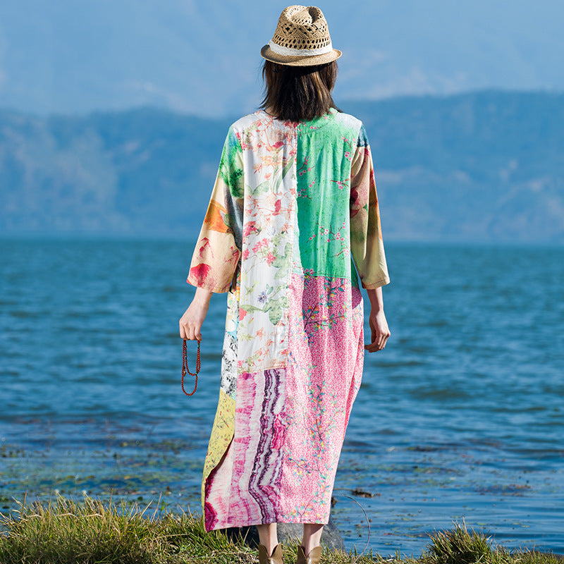 Vestido de algodón y lino Vestido estampado con costuras para mujer