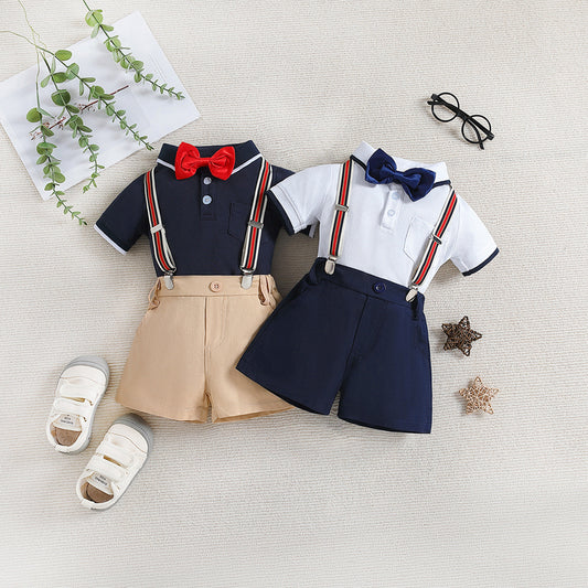 Children's Summer Clothing Polo Collar Top Suspender Shorts