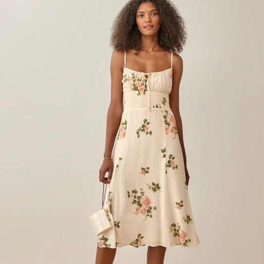 Fashion French Floral Tight Waist Tied Spaghetti-strap Dress