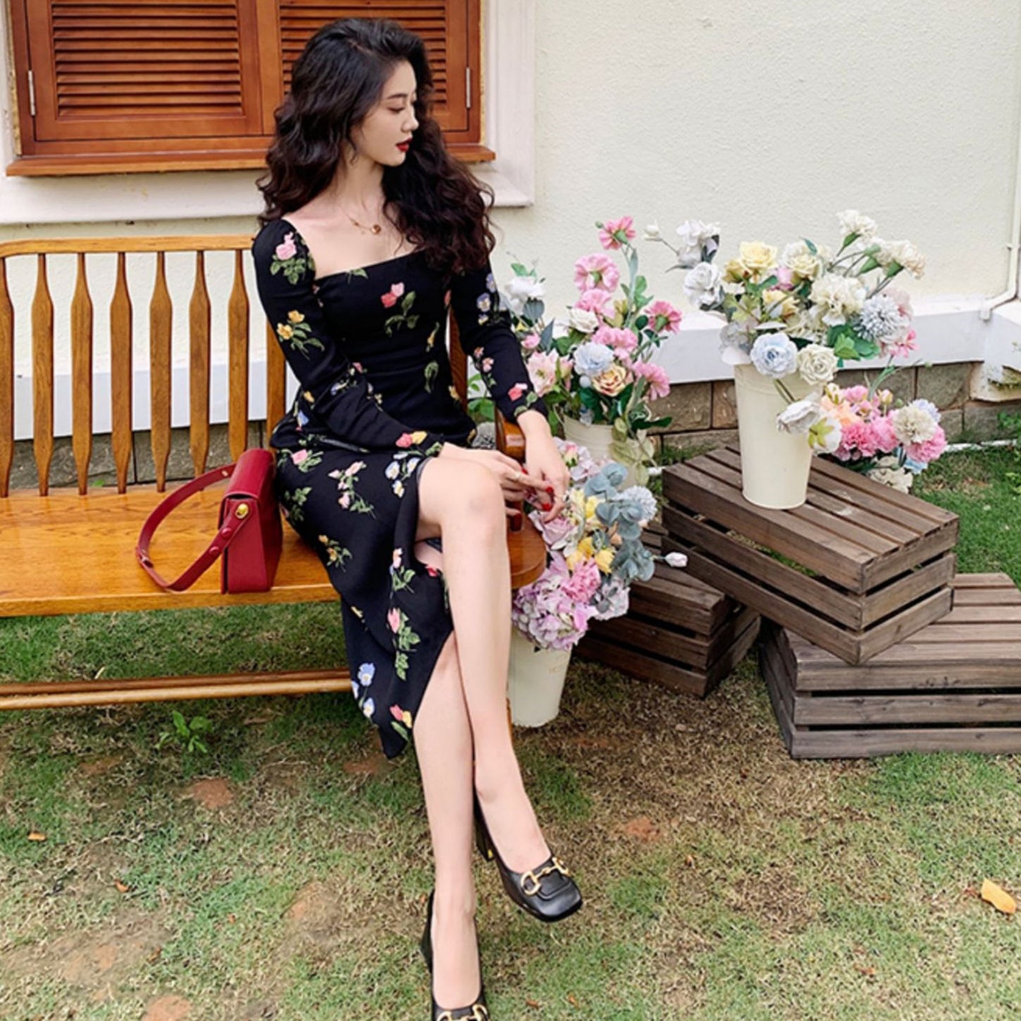 Black Floral Retro Fashion Dress