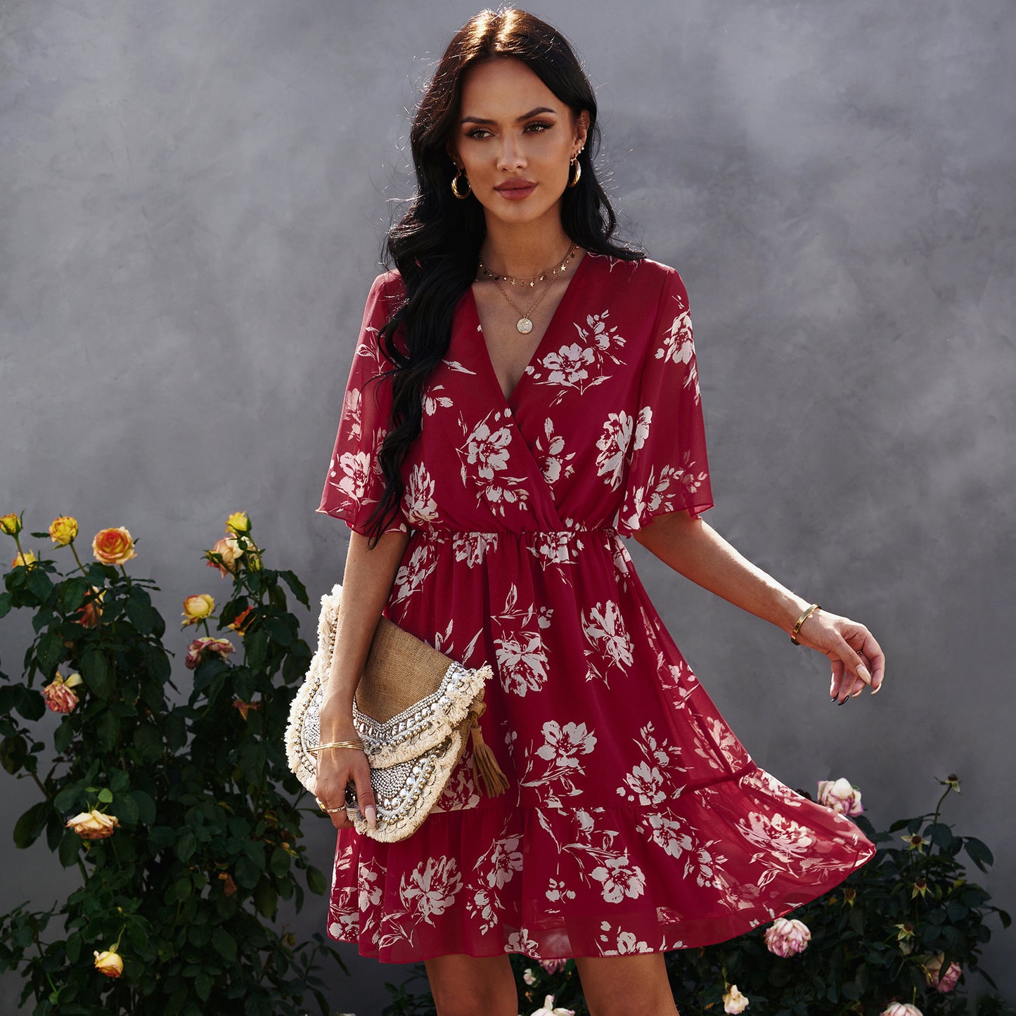 V-neck Ruffled Floral Chiffon Dress