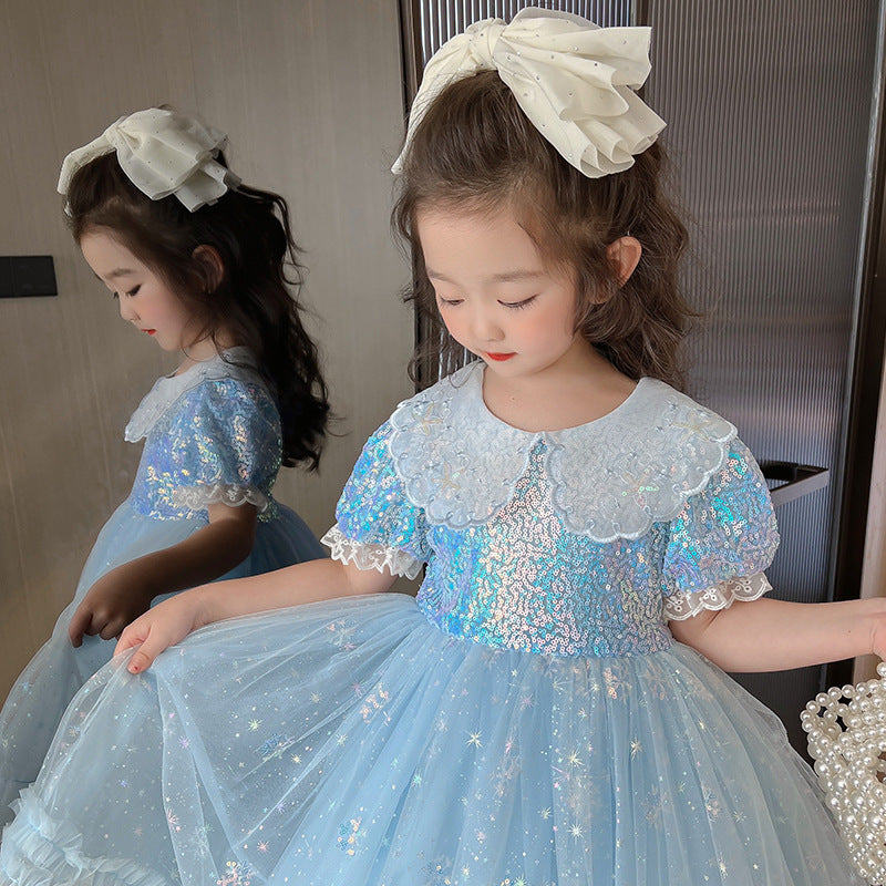 Robe d'anniversaire pour filles, col de poupée, robe de princesse parapluie à paillettes