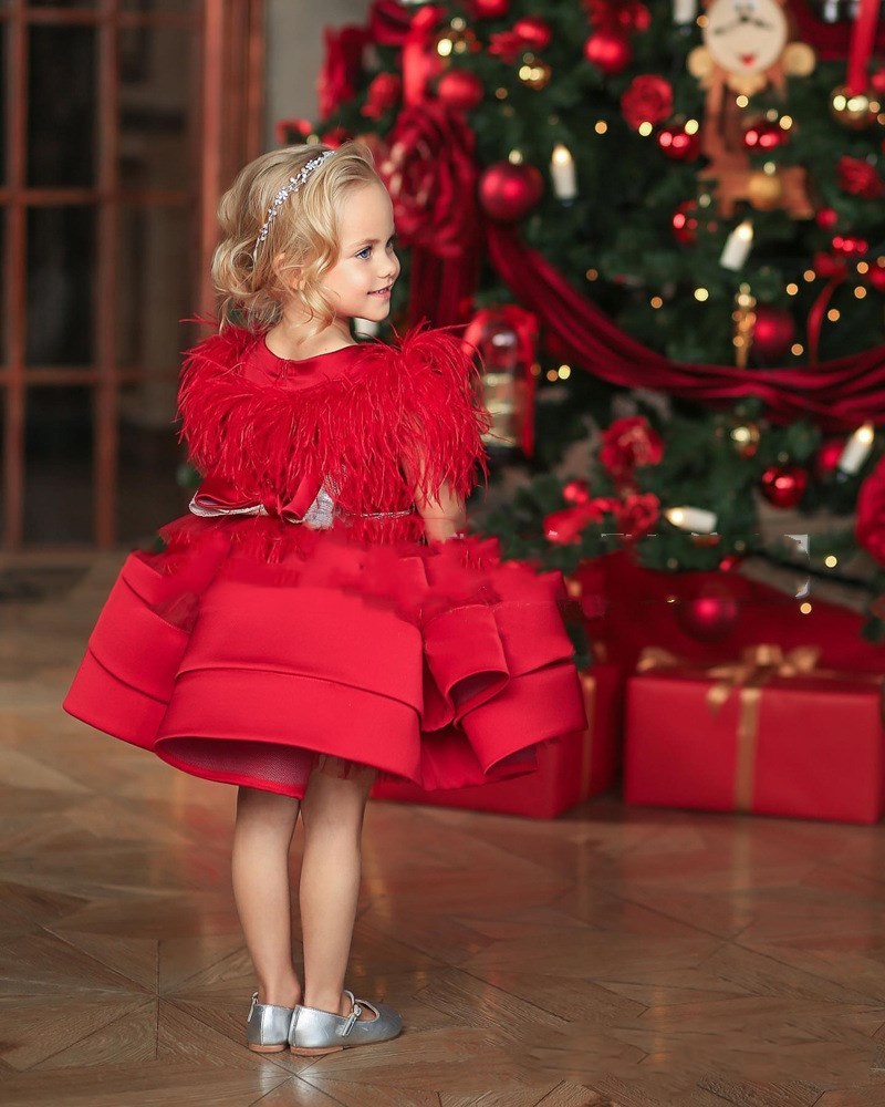 Robe fille à plumes rouge