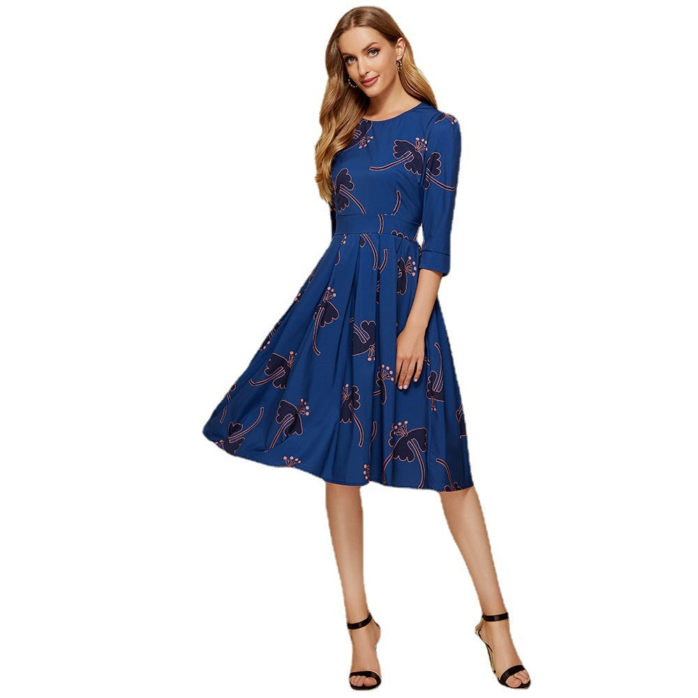 Robe plissée florale à col rond pour femmes