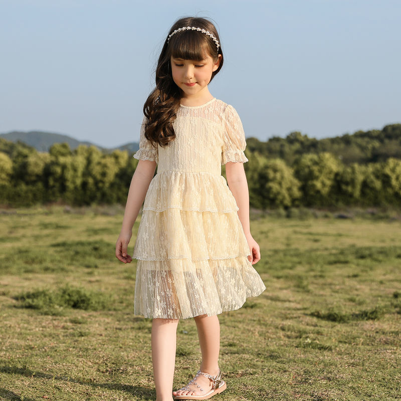 Girls' Simple Long Lace Cake Dress