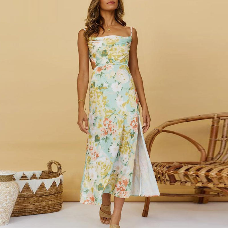 Vestido con abertura floral y tirantes temperamento para mujer