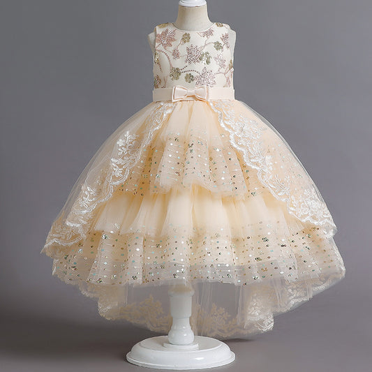 Robe pour filles brodée à paillettes et fleurs traînées