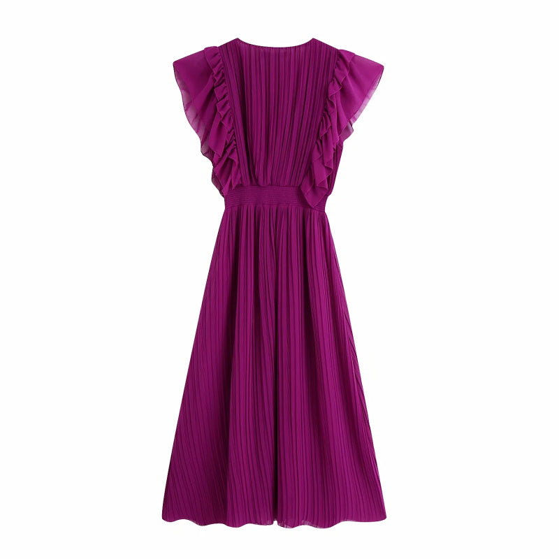 Vintage Women Purple Long Dress Summer Fashion Ladies Elegant Pleated Chiffon Dresses Female Cute Ruffles Dress Girls Chic