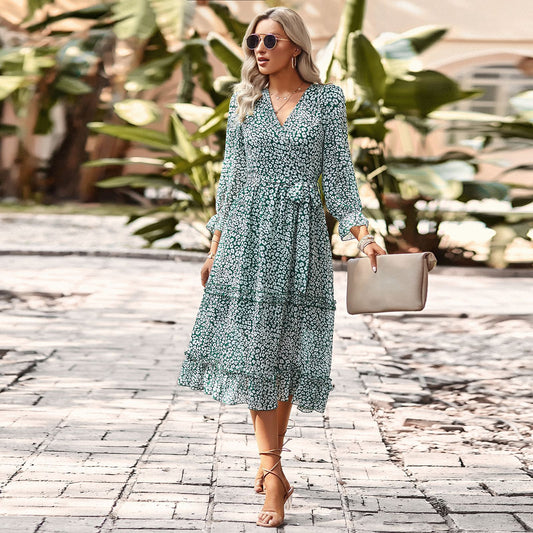 Temperament Elegant V-neck 34 Sleeve Tie-shoulder Floral Dress