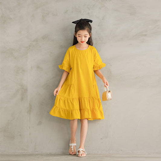 Robe jaune pour enfants, couleur unie, manches mignonnes