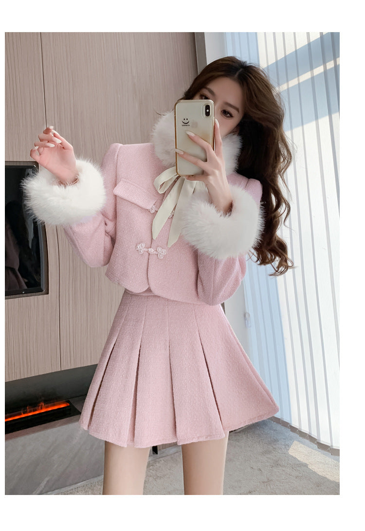 Classic Style Puffer Jacket High Waist Pleated Skirt Two-piece Set