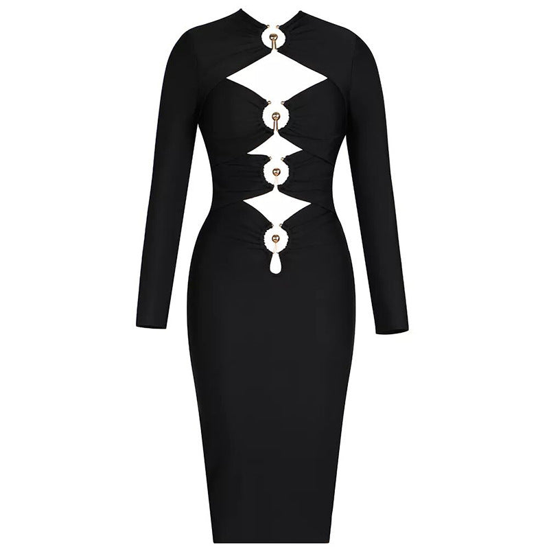 Long Sleeve Iron Hoop Pierced Black Bandage Long Dress