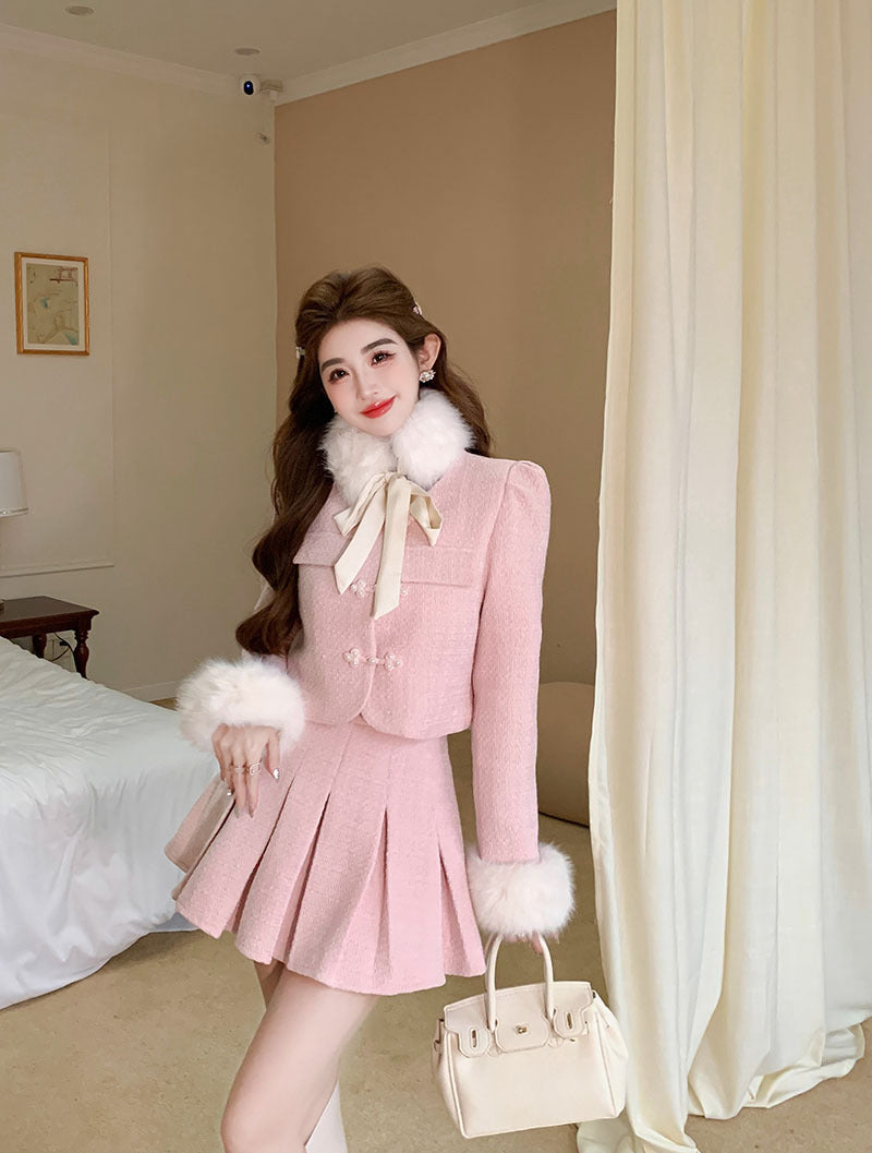 Women's Detachable Fur Collar Top High Waist Pleated Skirt Suit