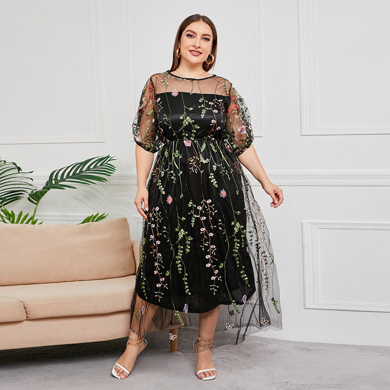 Robe grande taille robe de soirée robe mi-longue brodée en maille pour femme