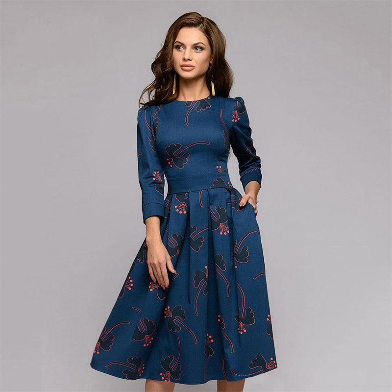 Women's Floral Pleated Round Neck Dress