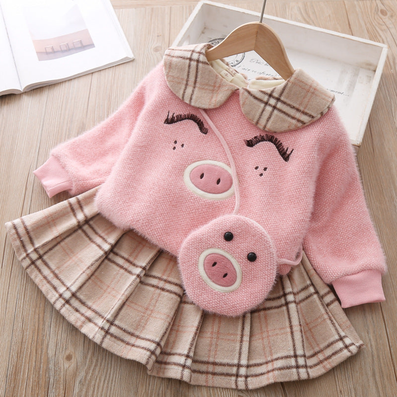 Costume jupe à carreaux pour fille, pull cochon