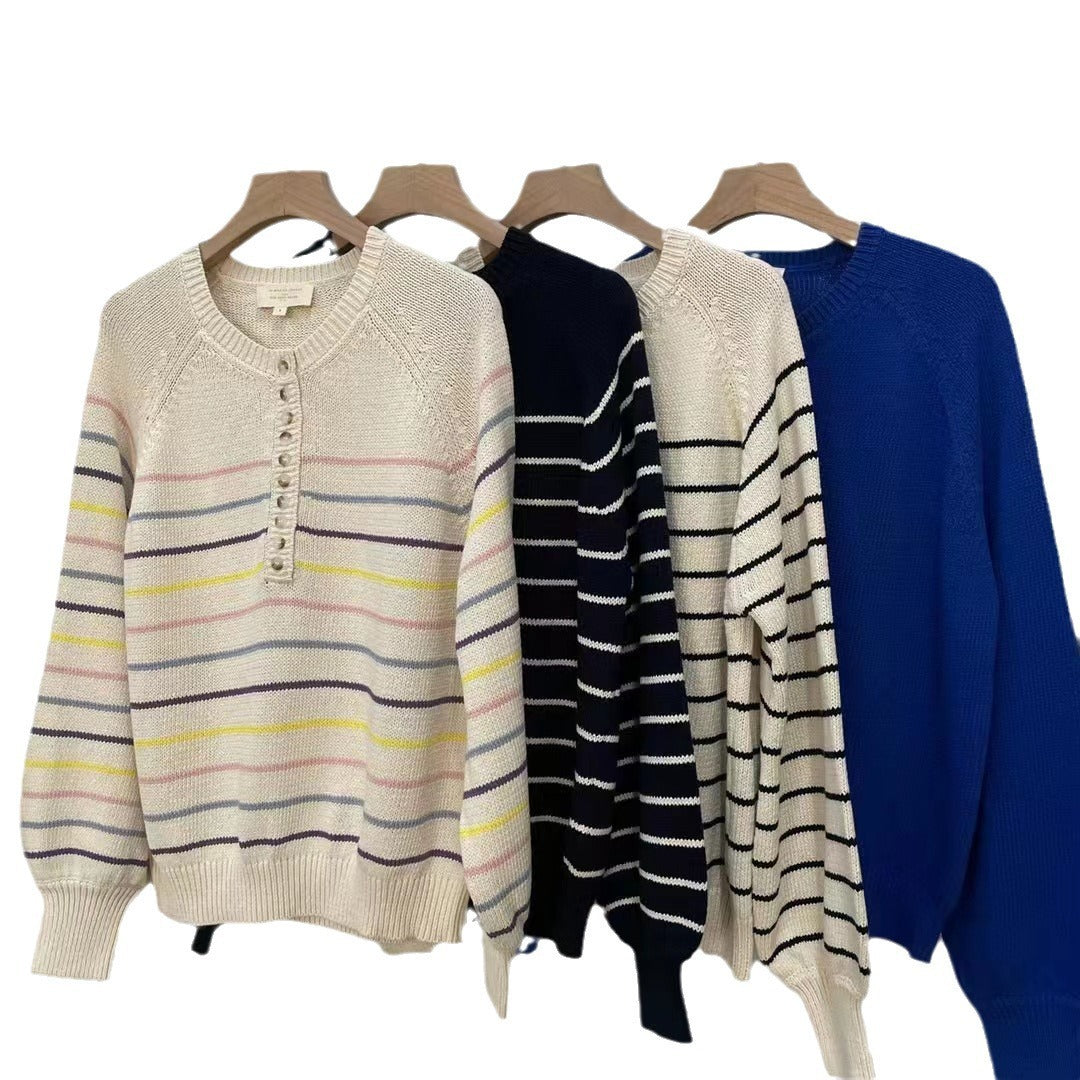 Women's Fashion Vintage Button Striped Long Sleeve Round Neck Puff Sleeve Sweater