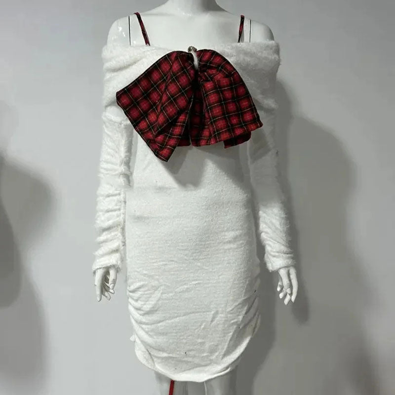 Vestido ajustado de cintura alta para fiesta de Navidad de piel sintética con hombros descubiertos y lazo rojo para mujer