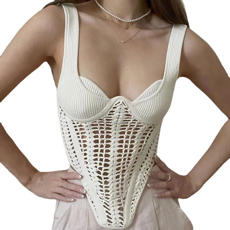 Women's All-match Low-cut Collar Hollow Out See-through Fishbone Vest