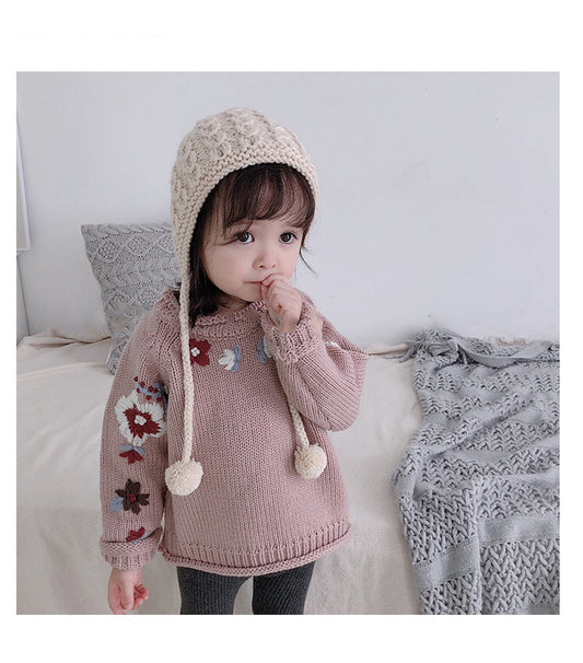 Girls Flower Handmade Sweater Pure Cotton Baby Knitting