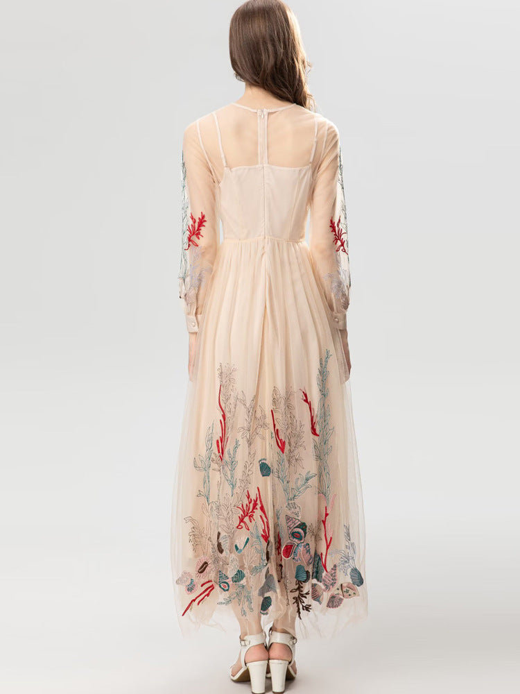 Robe longue transparente abricot, broderie florale exquise, robe de Style princesse