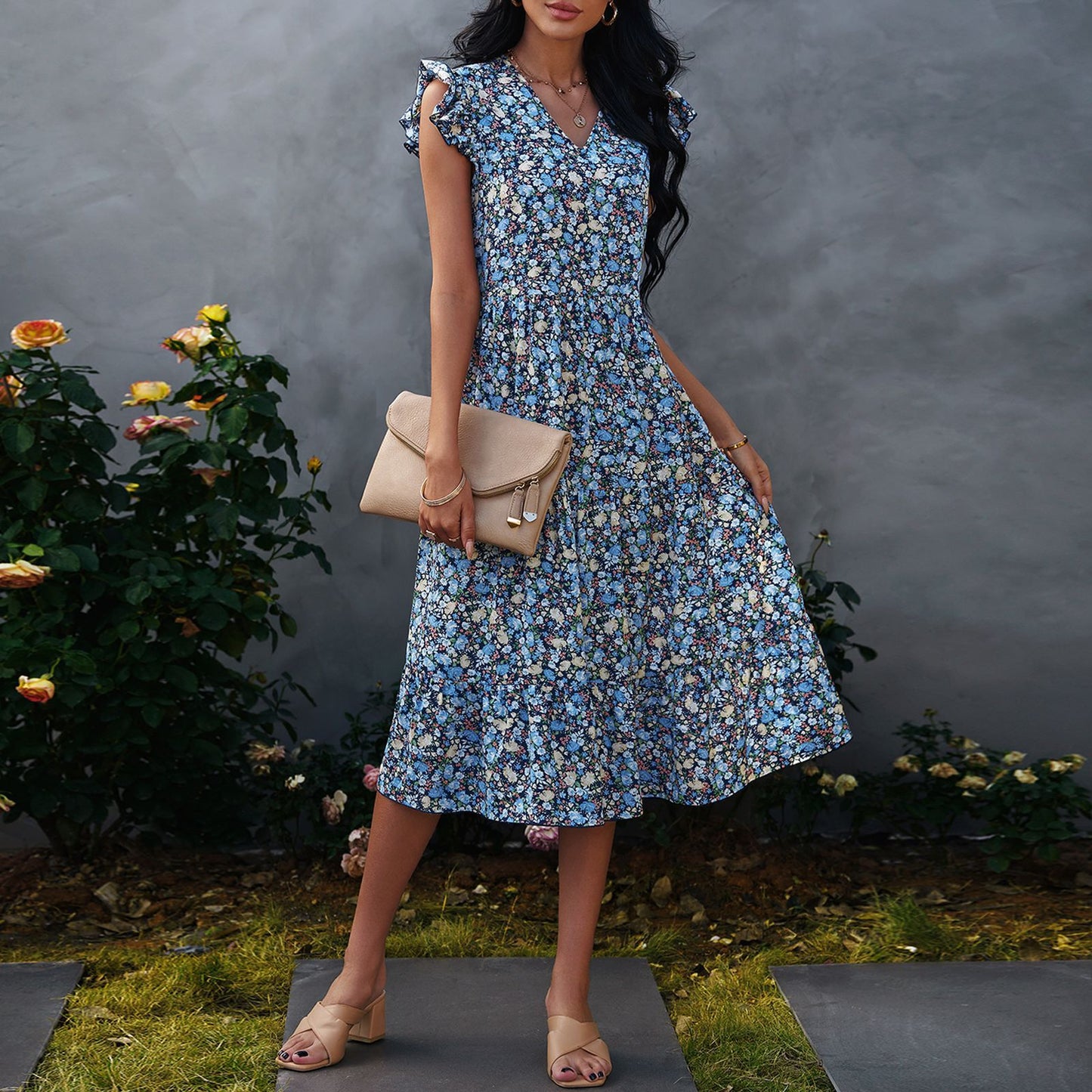 V-neck Fly-sleeve Floral Dress Long Dress