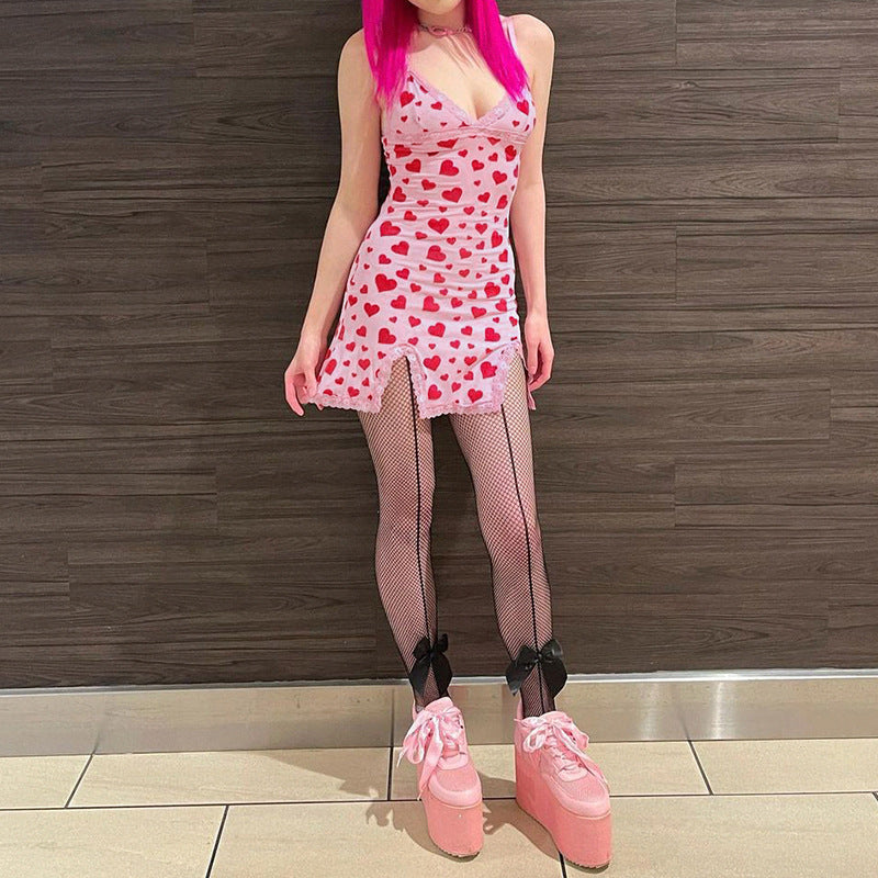 Age Reducing Cute Peach Heart Print Suspender Dress