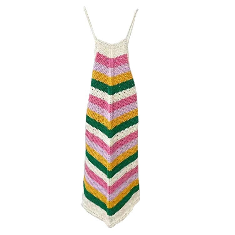 Striped Hollow-out Vacation Style Halter Knitted Dress