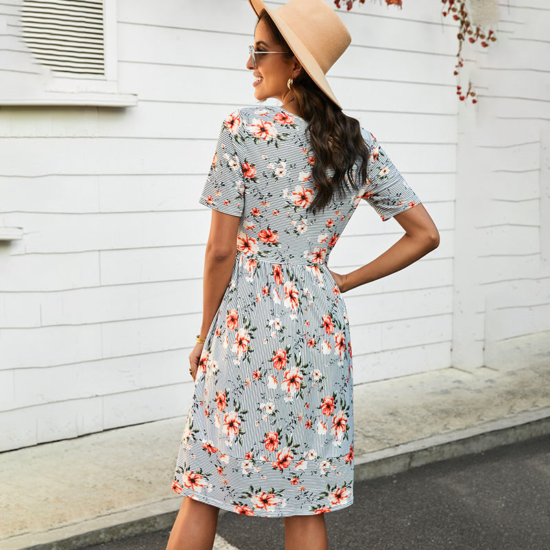 Robe à imprimé floral rayé pour femme